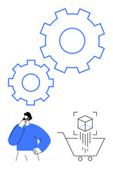 Two large gears, a pondering man, a 3D object entering a shopping cart. Represents innovation, problem-solving, automation, technology, e-commerce decision-making product development. Flat simple