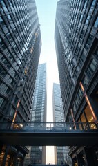 Naklejka premium Modern urban architecture captured from below two towering skyscrapers, showcasing a dynamic perspective in a bustling city environment.