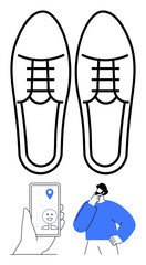 Two outlined shoes, smartphone with location and face scan, person pondering. Ideal for lifestyle, technology, innovation, navigation, personalization fitness and retail. Flat simple metaphor