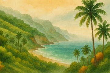 A painting of a beach with palm trees and mountains in the background