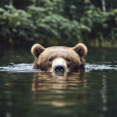 Obraz premium Brown bear swimming in calm water surrounded by lush greenery 