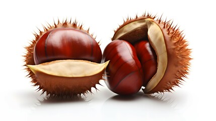 Two Shiny Horse Chestnuts with Spiky Shells and White Background in Detailed CloseUp