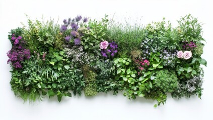 Fototapeta premium Vibrant wall garden bursting with colorful flowers and greenery. A variety of plants, herbs and blossoms create a textured display