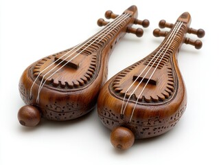 Pair of Ornate Wooden Toy Sitars Intricately Carved Musical Instruments with Brown Finish on a Clean White Background Perfect for Music Enthusiasts