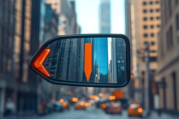 Cityscape view reflected in a car's side mirror