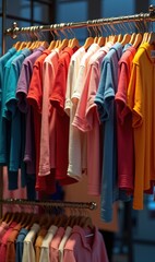 Fototapeta premium Colorful polo shirts neatly arranged on a rack, showcasing fashion diversity. Perfect for retail, fashion branding, and e-commerce visuals.