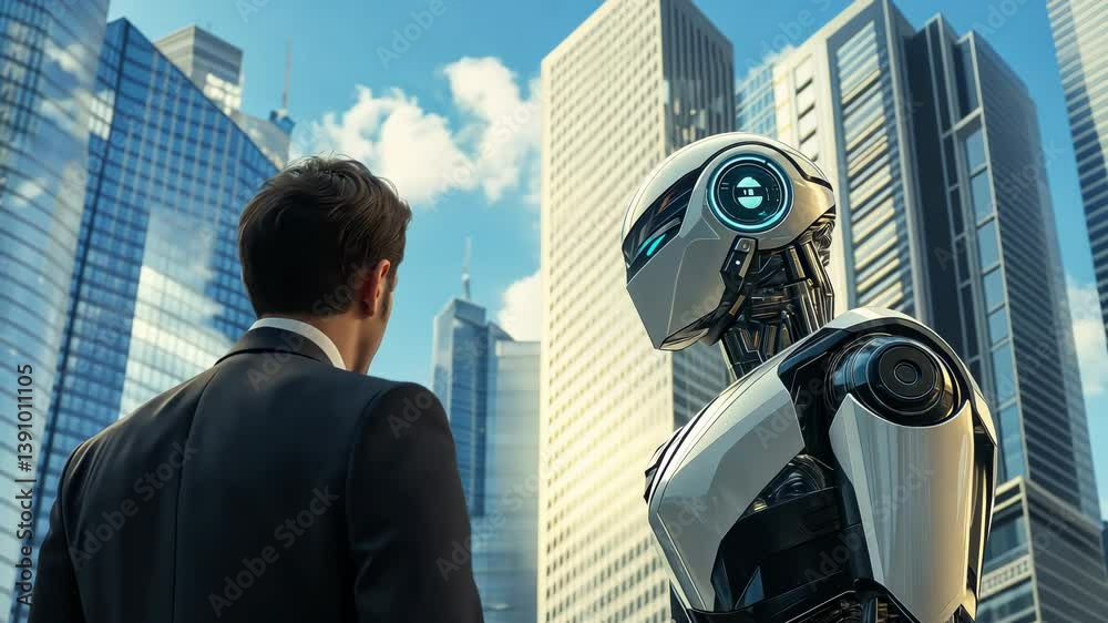 Poster a human in a dark suit stands facing a sleek, humanoid robot with a glowing monitor. they are positi