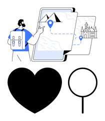 Backpacker interacts with digital map displaying travel routes, location pins, and landmarks. Heart and magnifying glass elements suggest exploration, planning, and favorite destinations. Ideal