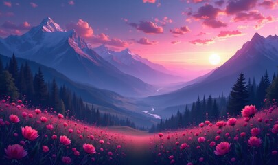 A breathtaking landscape featuring vibrant flowers in the foreground and majestic mountains at sunset, perfect for nature-themed projects or marketing materials.