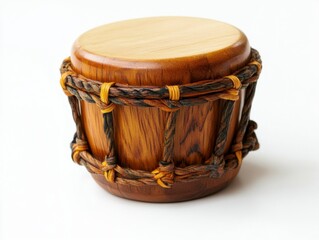 Wooden Toy Bongo Drum Isolated on White Background in Studio with Detailed Wood Grain and Decorative Rope Detailing