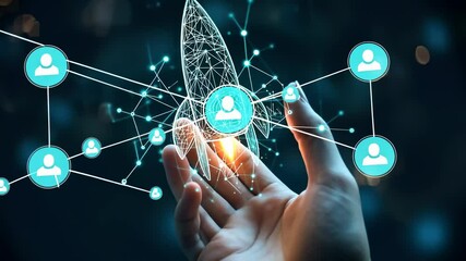 Hand holding geometric rocket model user icon, representing digital start-up, business launch, or career acceleration. Modern tech , innovation network connections against blurred background. - Powered by Adobe