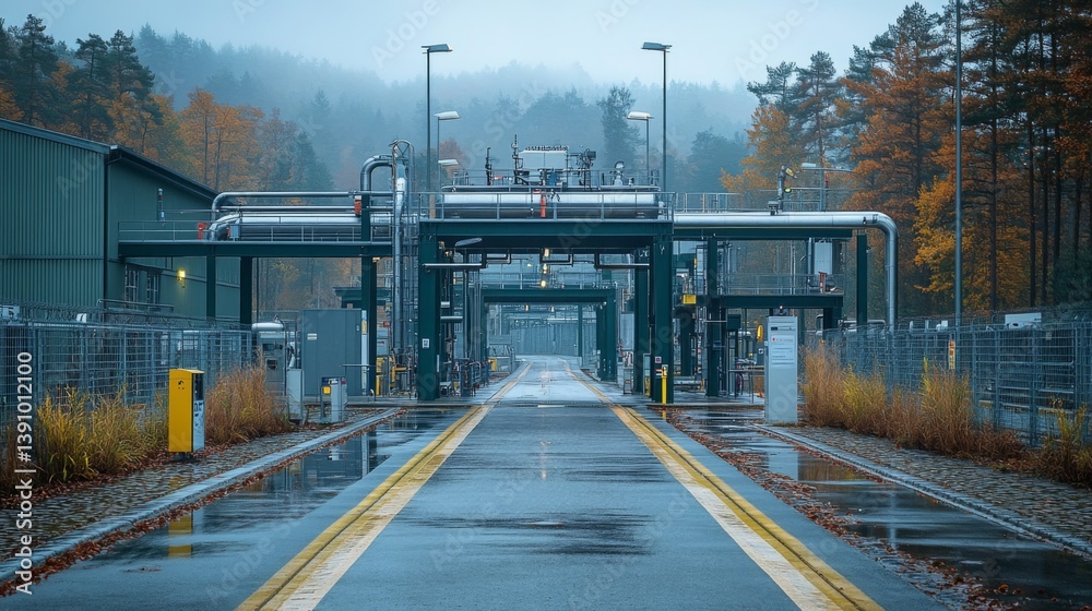 Poster heavy machinery and pipelines support energy generation in a mining area amidst the rain, showcasing