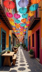 Fototapeta premium A vibrant alley adorned with colorful umbrellas, creating a charming and lively atmosphere perfect for tourism, hospitality, and local cultural promotions.