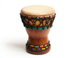 Wooden Toy Djembe Drum with Intricate Carvings and a Skin Head Isolated on a Clean White Backdrop in a Studio Setting