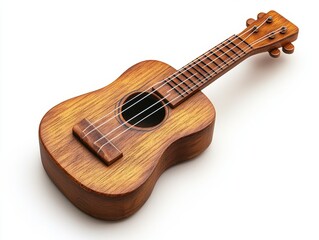 Fototapeta premium Wooden Toy Guitar Ukulele Isolated on White Background with Detailed Strings and Brown Wood Grain in a Studio Setting