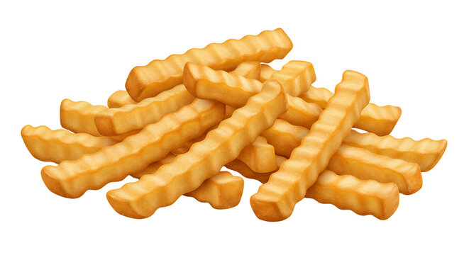 Pile of Golden Crinkle-Cut French Fries on White Background