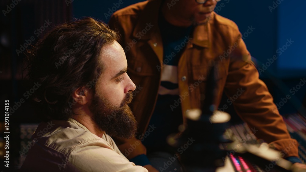 Leinwandbilder Musician and producer work on soundboard pads at professional studio station. Sound designer uses digital mixer in music production, operating on sliders and key buttons at control desk. Camera A.