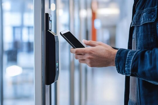 Man uses his smartphone to access a secure area, highlighting modern security technology and mobile access solutions.