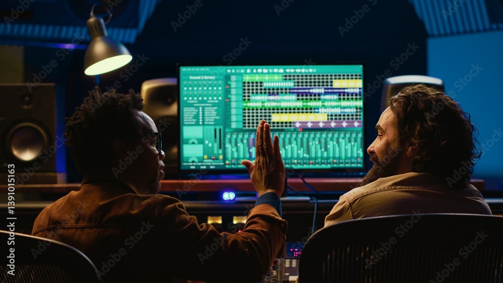 Poster pleased artist and tracking engineer doing high five gesture after creating a song together, happy w