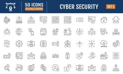 Cyber Security line editable Icon set. Containing data protection, secure, security, antivirus, password, accessibility, phishing, cyber crime, online privacy and more. Vector Illustration
