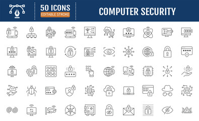 Computer Security line editable icon set. Containing, Cybersecurity, Malware, Firewall, Encryption, Antivirus, Phishing, Network Security and more. Vector Illustration