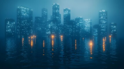 Misty Cityscape with Blue Skyscrapers, Orange Light Reflections in Water at Night