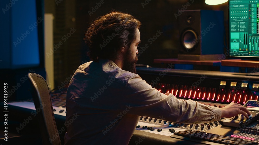 Poster Portrait of music producer working in control room professional studio and editing audio recordings, mixing console and daw software in soundproof space. Sound engineer in post production. Camera A.