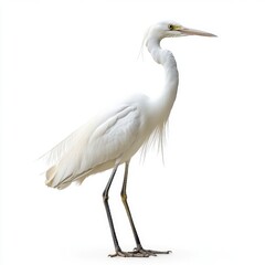 Obraz premium Elegant White Heron with Slender Legs Isolated Against a Clean White Backdrop and Sharp Fine Detailing