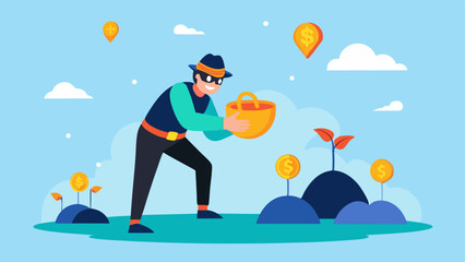 Naklejka premium Bounty Hunter A humorous take on a bounty hunter character collecting shiny coins from various locations suggesting that airdrops reward users for finding and participating in