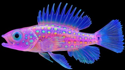 Fototapeta premium Neon Pink Fish, Ocean, Digital Art, Isolated, Black Background, Illustration, Aquatic Life, Design Element