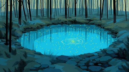 Enchanting glow of fireflies above a serene forest pond tranquil night scene digital art mystical environment