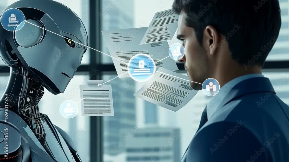 Aufkleber A modern depicting AI robot reviewing , processing documents focused businessman. The setting is contemporary office suggesting technologically advanced workflow data analysis , decision-making.