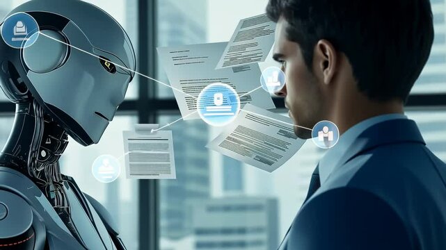 A modern depicting AI robot reviewing , processing documents focused businessman. The setting is contemporary office suggesting technologically advanced workflow data analysis , decision-making.