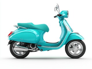 Obraz premium Isolated Teal Scooter with Curved Tank Side View Against White Background Chrome Accents Black Tires Offers a Blend of Retro Charm and Urban Transportation
