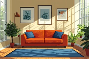 Fototapeta premium Modern Living Room Interior Design with Orange Sofa and Natural Light - Cozy Home Decor & Green Plants