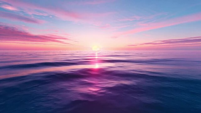 Serene ocean sunset with vibrant pink and purple hues reflecting on calm waters, creating tranquil atmosphere that captures beauty of horizon and sky.
