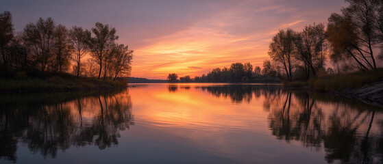 Obraz premium calm lake reflecting vibrant sunset colors, silhouettes of trees on the shore