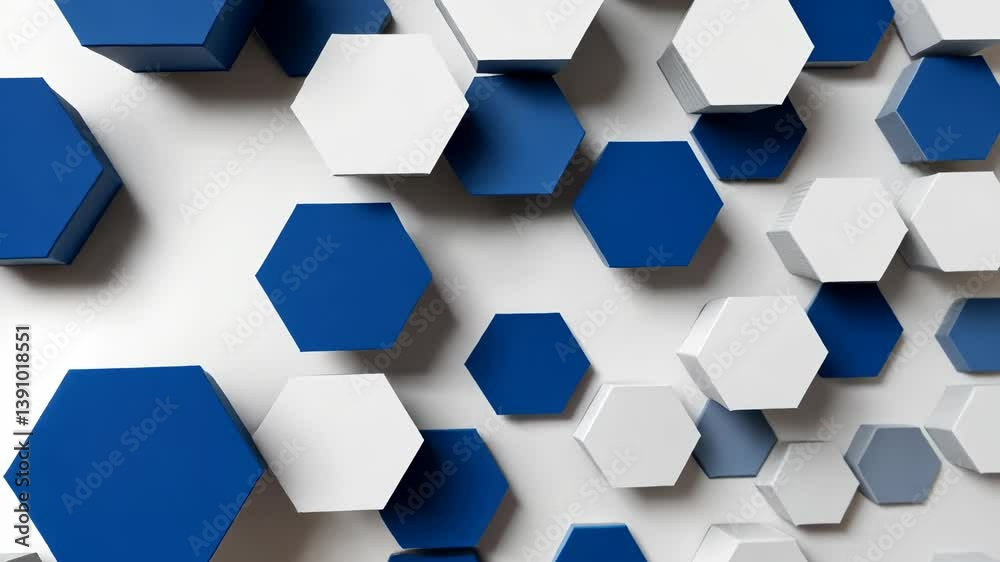 Poster A modern, abstract pattern with blue and white hexagons floating over a white background. The geometric design offers a clean and stylized look for various creative applications and backgrounds.