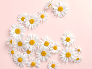 Chamomile flowers scattered on soft pink background, ideal for wellness and floral designs. Generative AI