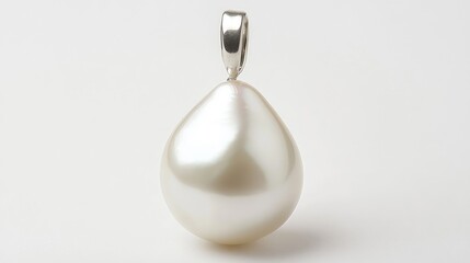 A minimalistic photo of a single drop pearl pendant centered on a white background with clean lines