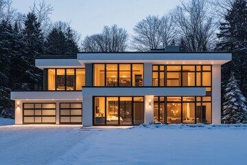 Modern, contemporary home at twilight, nestled in snowy landscape.  Large windows showcase interior living areas, highlighting warm lighting