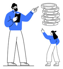 Two colleagues discussing financial growth, featuring a professional male with a clipboard and a female pointing to stacked coins. Ideal for finance, teamwork, strategy, planning, investment