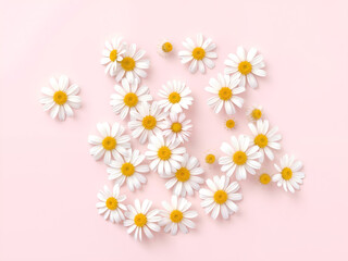 Obraz premium Chamomile flowers scattered on soft pink background, ideal for wellness and floral designs. Generative AI
