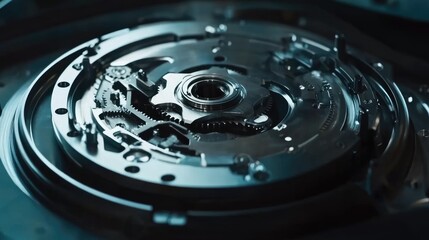 Close-up of mechanical gears and cogs in a steel assembly, representing precision engineering, no people