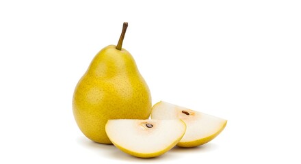 Fresh Yellow Pear Still Life with Two Slices on White