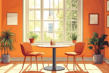 Modern Cozy Dining Interior with Vibrant Orange Accents and Natural Light