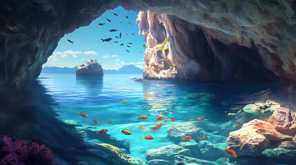 Stunning cave entrance on a cliffside opens to crystal clear turquoise water colorful fish swim around underwater rocks. Enchanted Bay. Illustration