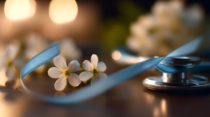 Stethoscope with blue ribbon on white flowers, honoring nurses' dedication and care