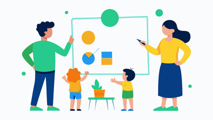 Budget Planning Session An illustration of a financial advisor helping a family create a budget on a whiteboard with colorful markers and sticky notes illustrating income and