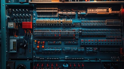 Electrical switchgear cabinet interior with relays, fuses, and terminal blocks clearly arranged